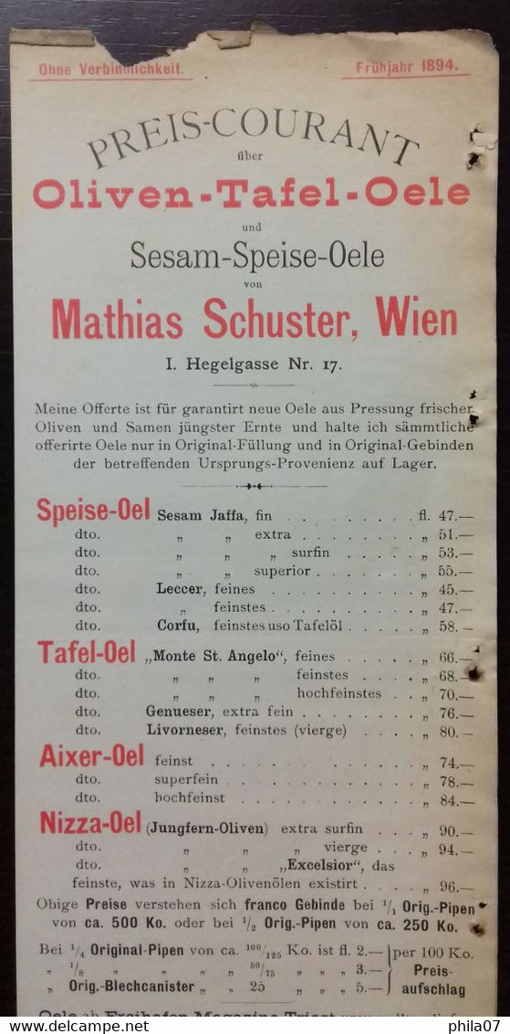 Olive Table Oils - Preis-Courant Uber Oliven-Tafel-Oele Und Sesam-Speise-Oele Mathias Schuster, Wien 1894. - Andere & Zonder Classificatie