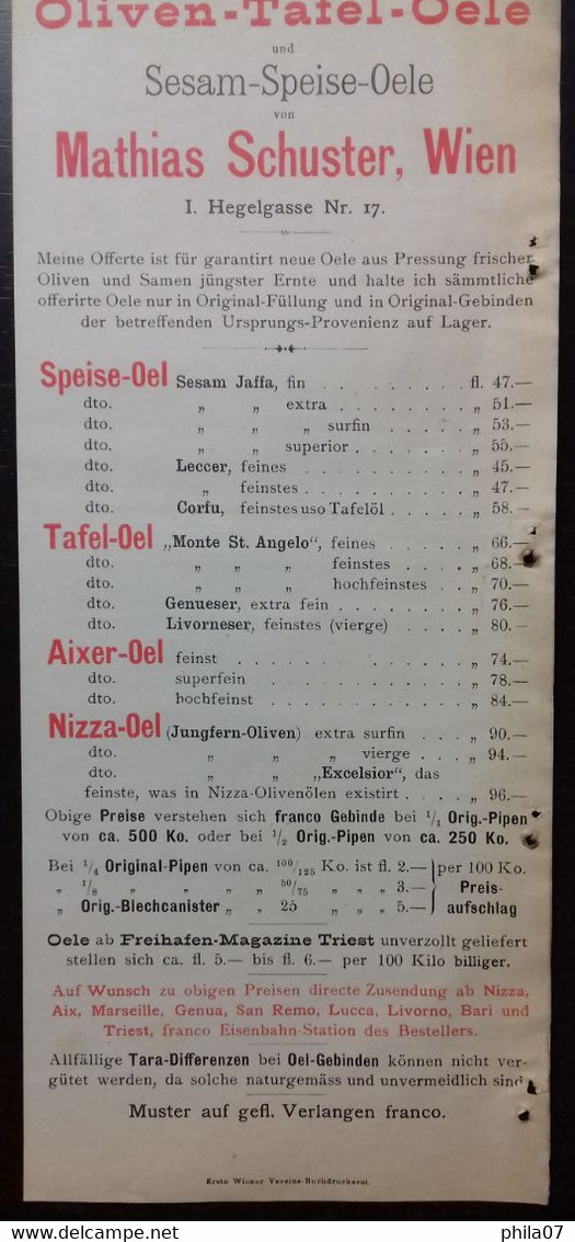 Olive Table Oils - Preis-Courant Uber Oliven-Tafel-Oele Und Sesam-Speise-Oele Mathias Schuster, Wien 1894. - Andere & Zonder Classificatie