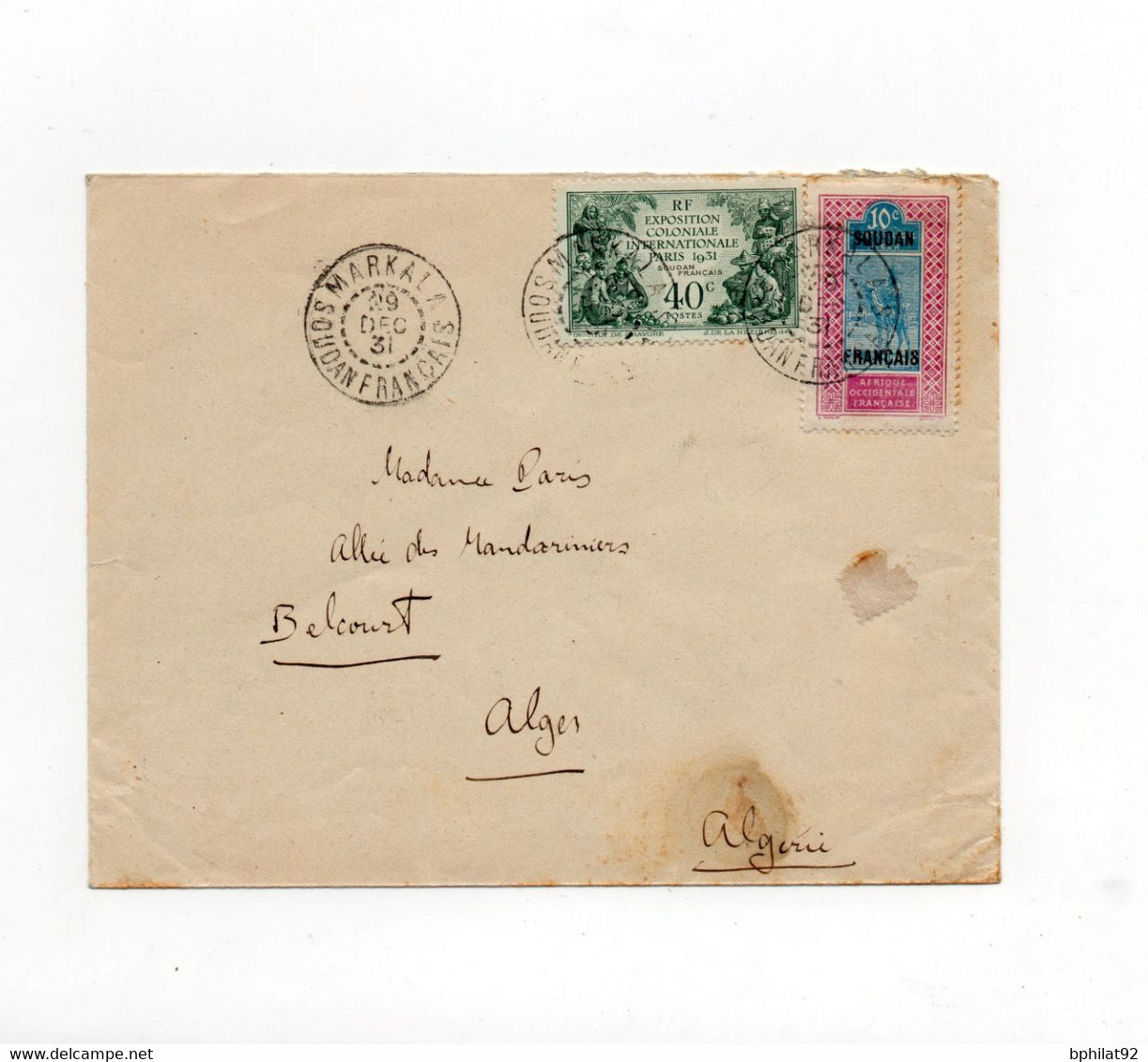 !!! SOUDAN, LETTRE DE MARKALA DE 1931 POUR ALGER - Lettres & Documents