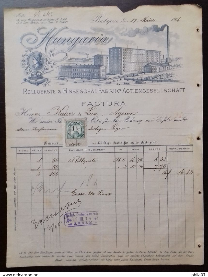 Barley And Millet Husk Factory - Hungaria, Rollgerste&Hirseschal-Fabriks Actiengesellschaft, Budapest 1894. Factura - Andere & Zonder Classificatie