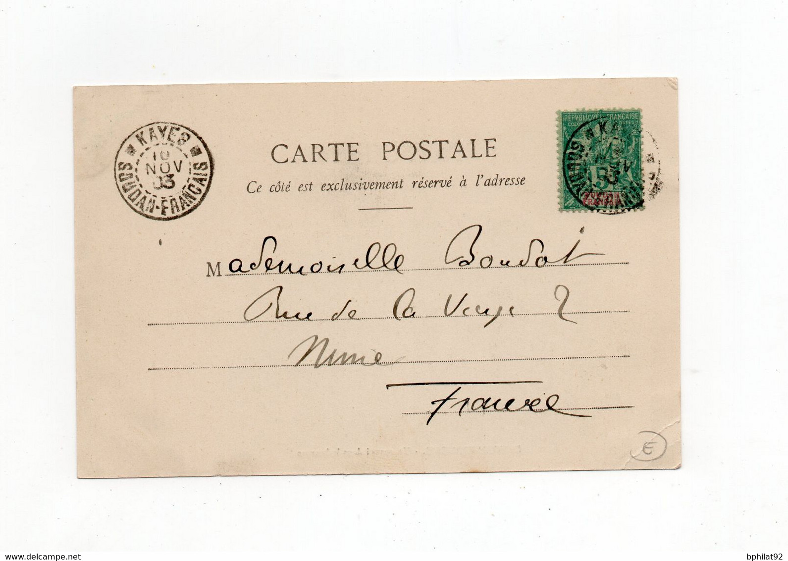 !!! SOUDAN, CPA DE KAYES DE 1903 POUR LA FRANCE - Lettres & Documents