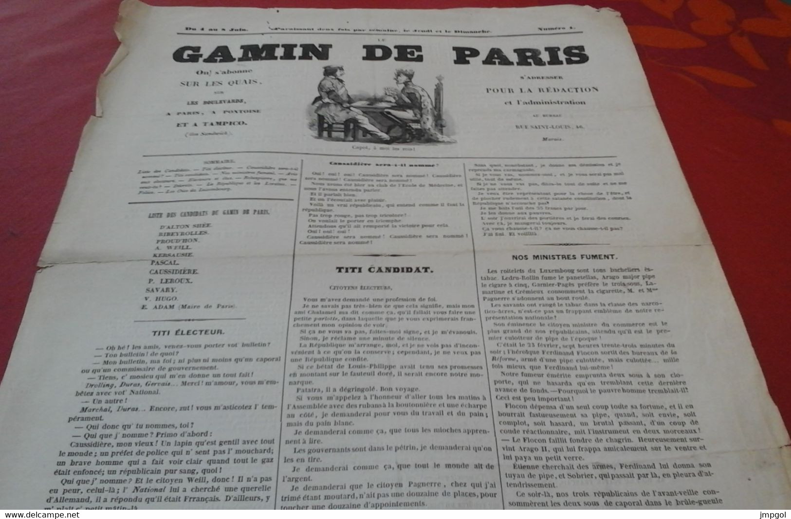 Rare Journal Le Gamin De Paris N°1 4 Juin 1848 Candidats Aux élections Victor Hugo Caussidière Proud'hon - 1800 - 1849