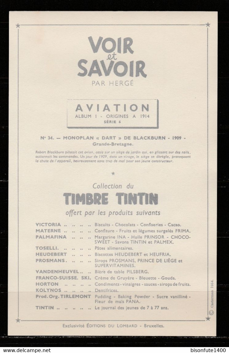 TINTIN / Chromo "Voir Et Savoir" Par Hergé : Aviation Origine à 1914 : N° 34 - Editions Du LOMBARD - Other & Unclassified