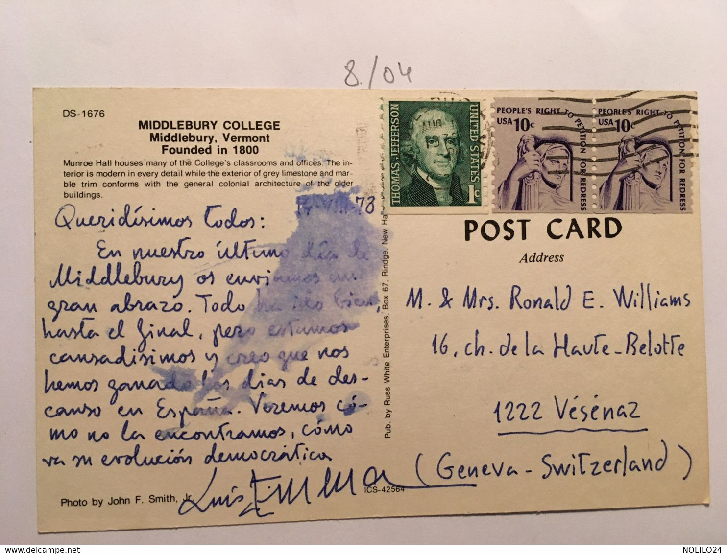 Cpsm, Middlebury College Middlebury Vermont, écrite En 1973, Stamps - Timbres - Andere & Zonder Classificatie