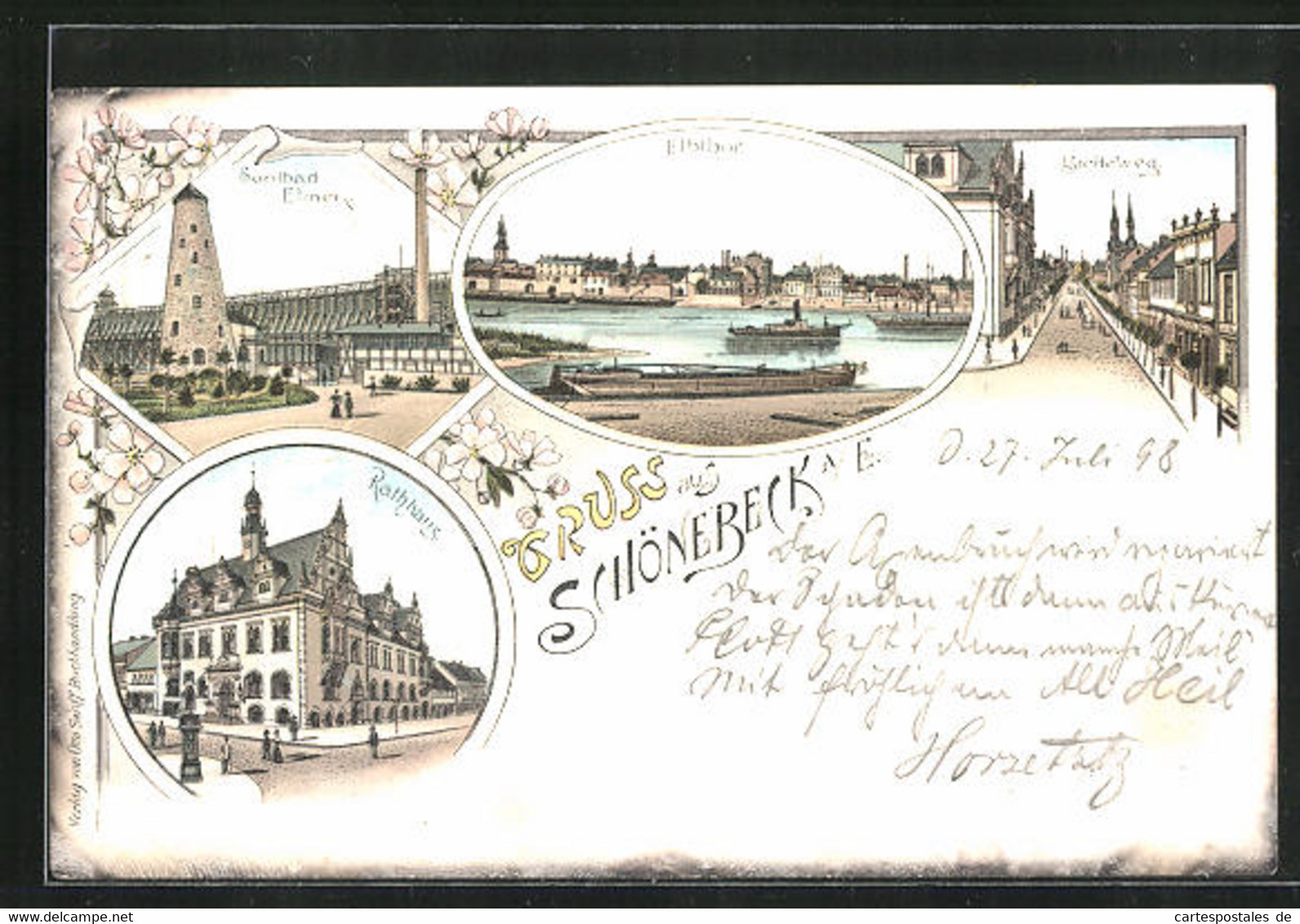 Lithographie Schönebeck A. E., Soolbad Elmen, Breiteweg Und Rathaus - Schönebeck (Elbe)