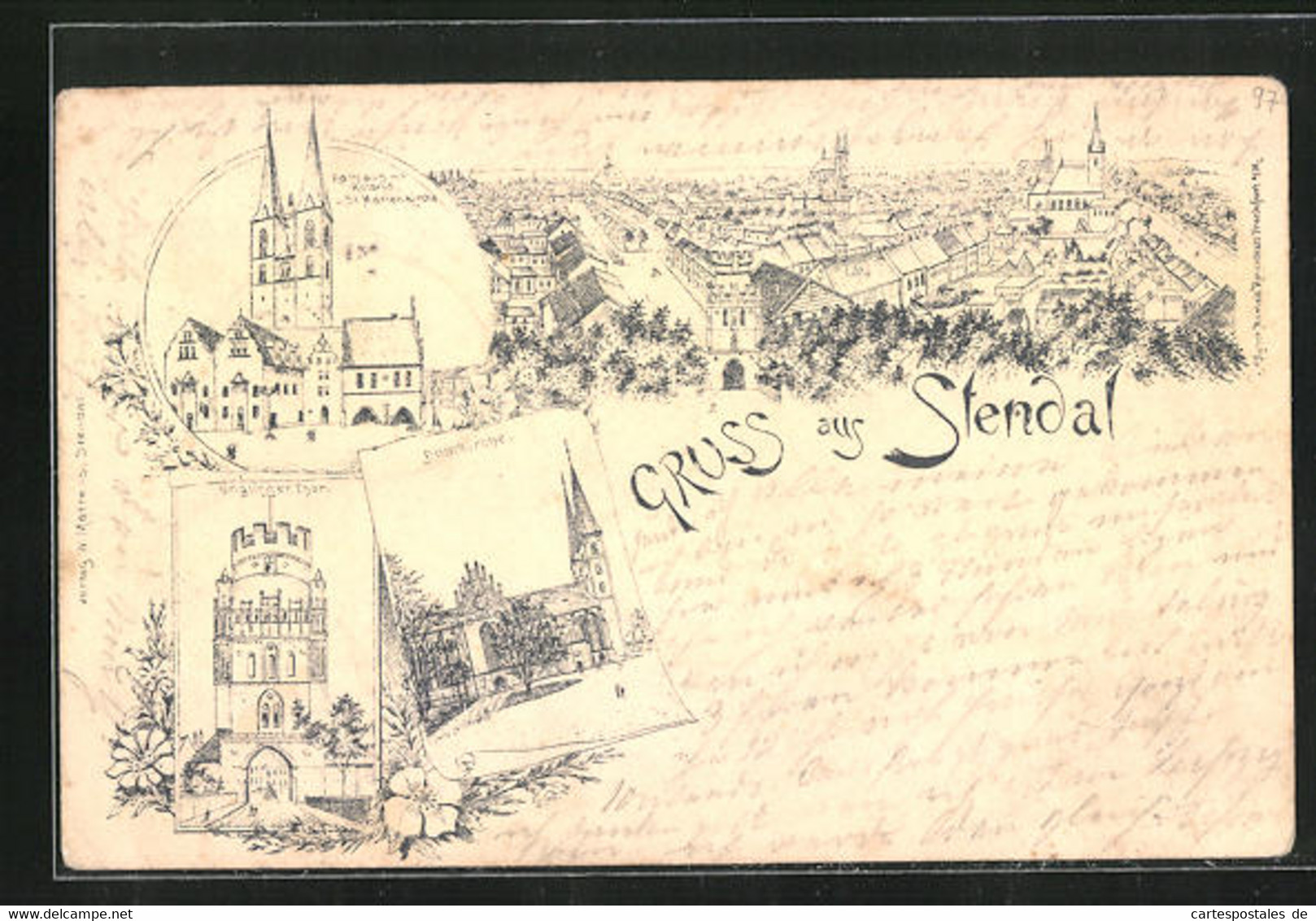 Lithographie Stendal, Panorama, Domkirche Und Rathaus - Stendal