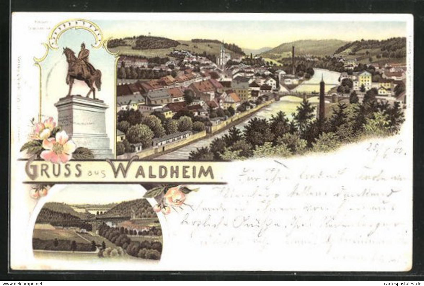 Lithographie Waldheim, Teilansicht, Kaiser-Standbild, Ortspartie Mit Brücke - Waldheim