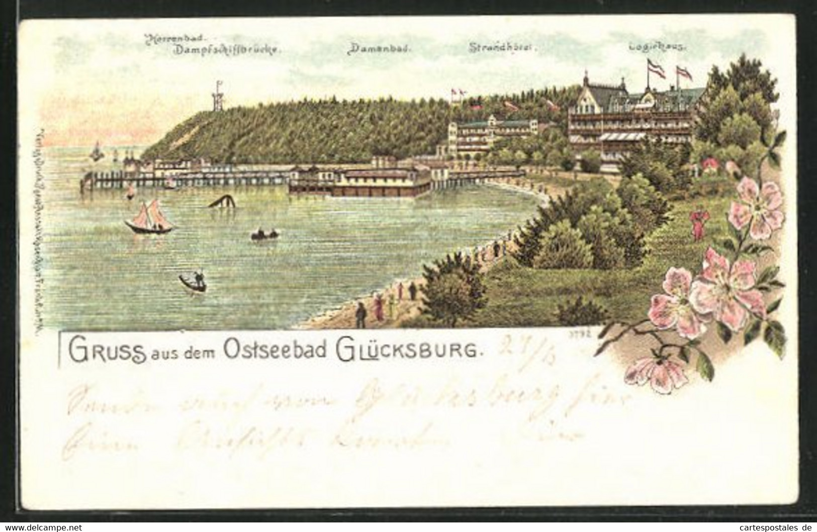 Lithographie Glücksburg, Strandhôtel & Logierhaus Mit Damenbad, Dampfschiffbrücke, Herrenbad - Gluecksburg