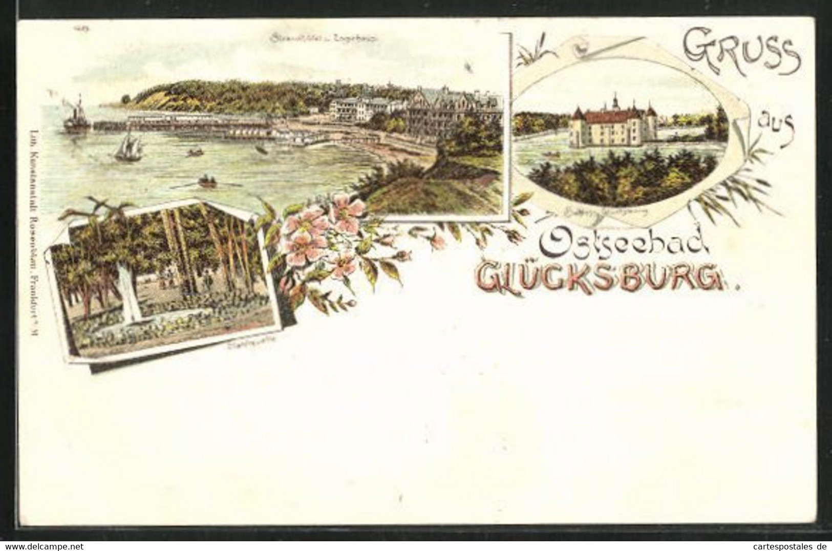 Lithographie Glücksburg, Strandhôtel Und Logierhaus, Schloss Glücksburg, Stahlquelle - Glücksburg