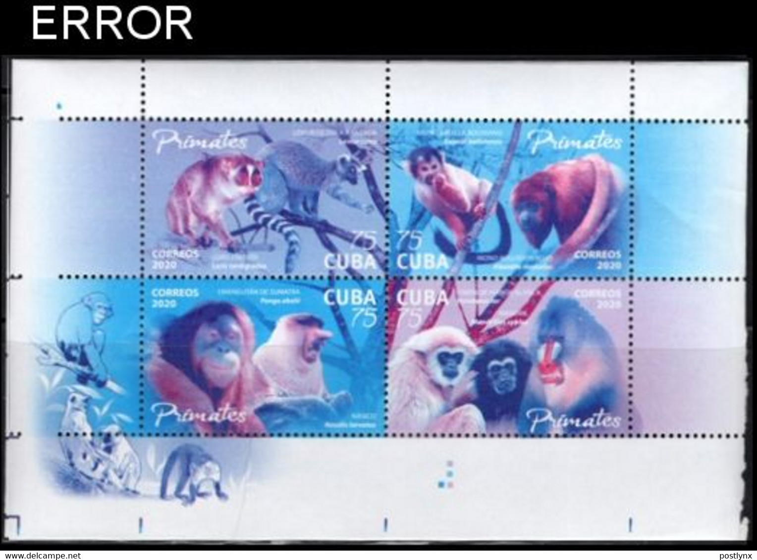 CUBA 2020 Apes Monkeys Sheetlet D ERROR:no Y - Imperforates, Proofs & Errors