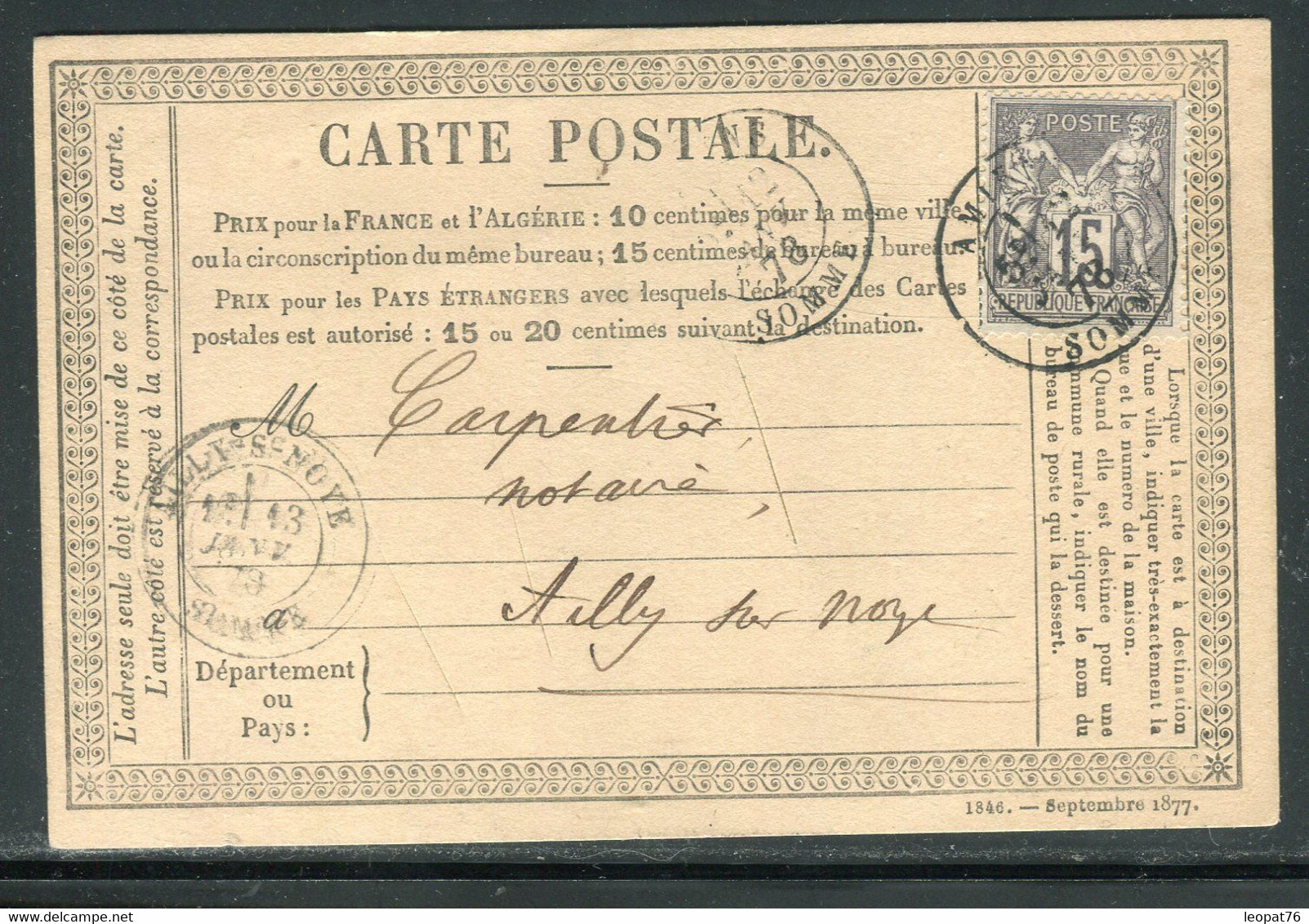 France - Carte Précurseur ( Avec 3 Entailles ) De Amiens Pour Ailly/ Noye En 1878, Affranchissement Sage 15ct - Ref J 80 - Precursor Cards