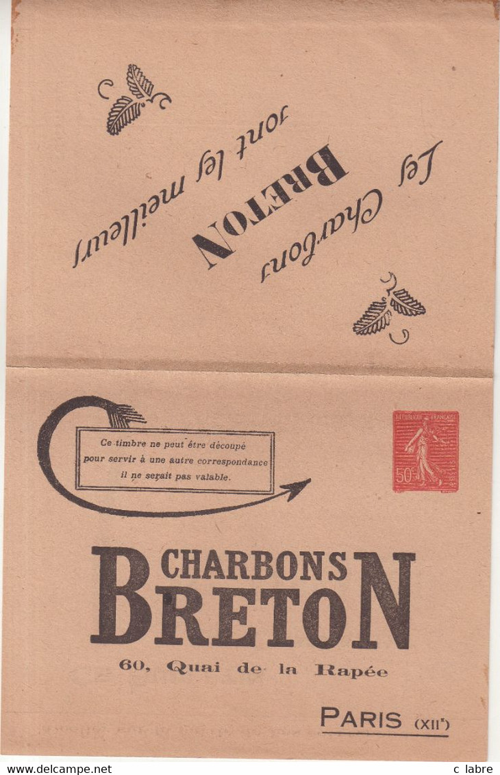 FRANCE : ENTIER POSTAL .  40 Cts . SEMEUSE LIGNEE . CL . PRIVEE . TSC . " CHARBON BRETON " . TB . 1929 . - Letter Cards