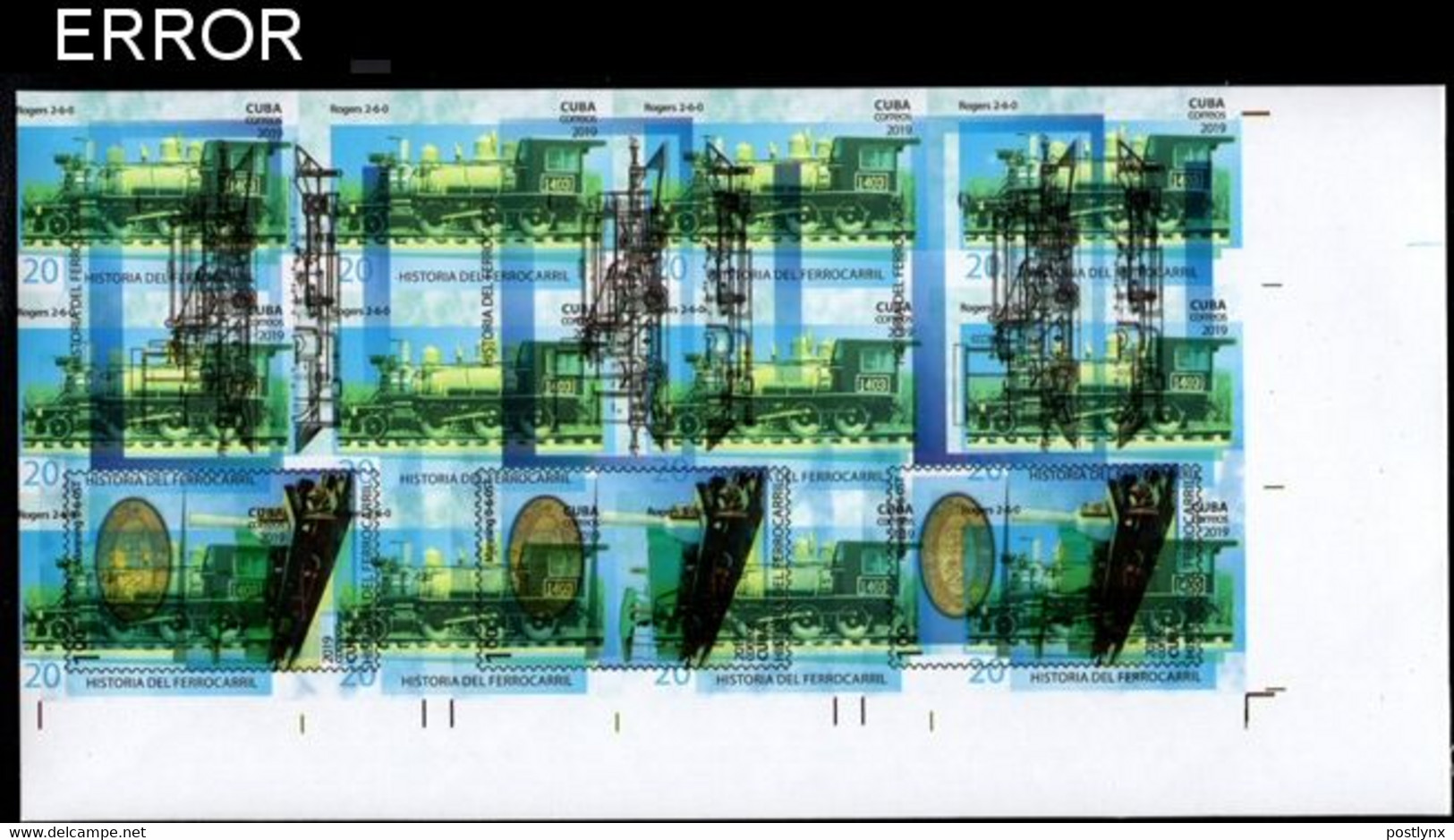 CUBA 2019 Railways Locomotives Trains B Sheet ERROR:print 2x USA-related - Ongetande, Proeven & Plaatfouten