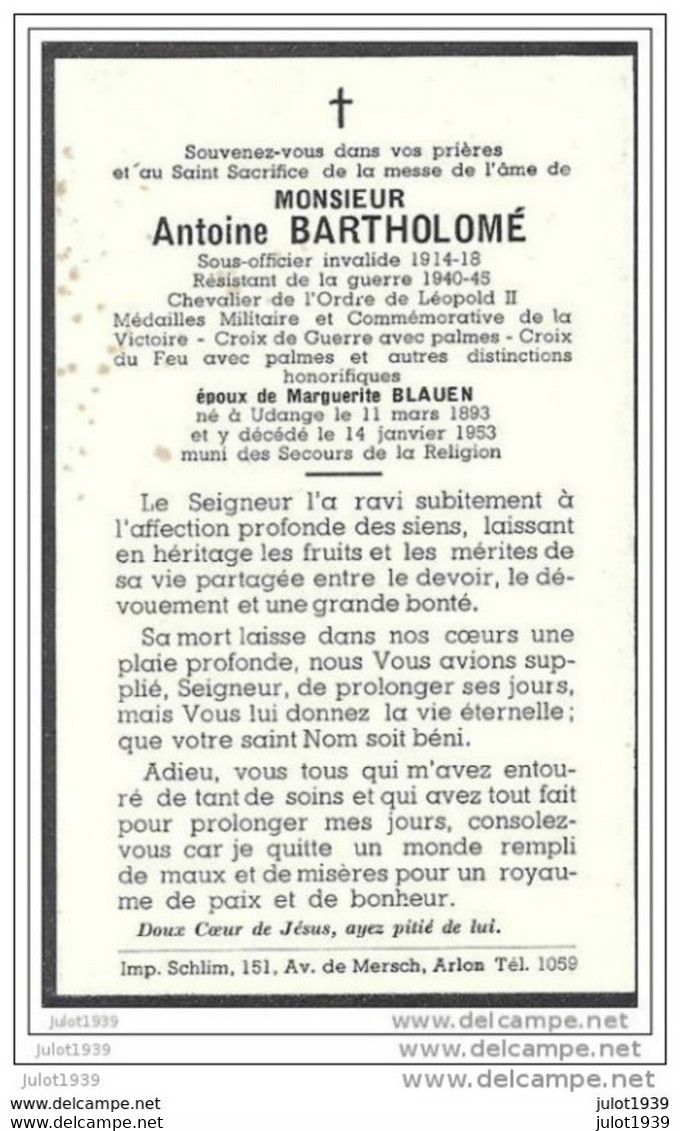 UDANGE ..-- Mr Antoine BARTHOLOME , époux De Mme Marguerite BLAUEN , Né En 1893 , Décédé En 1953 . - Arlon