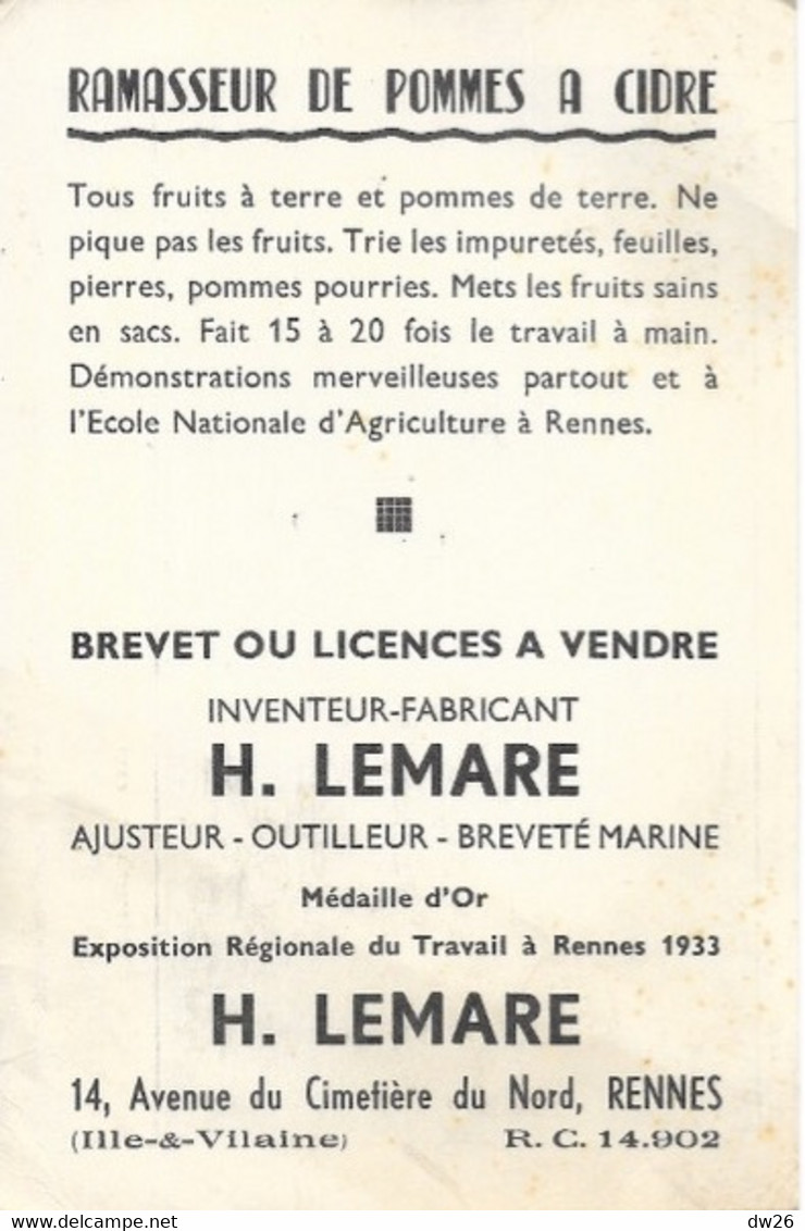 Publicité Pour Ramasseur De Pommes à Cidre - Inventeur-Fabricant: H. Lemare à Rennes - Reclame