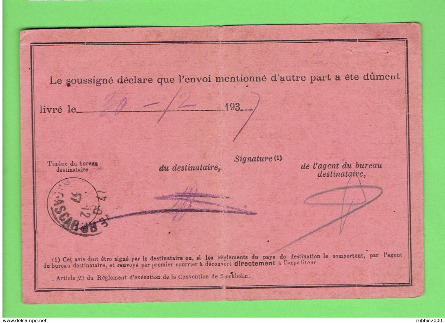 MADACASCAR 1937 AVIS DE RECEPTION D UN ENVOI POUR L EXPEDITEUR M. MOSSE POUR LE MAIRE DE TANANNARIVE - Storia Postale