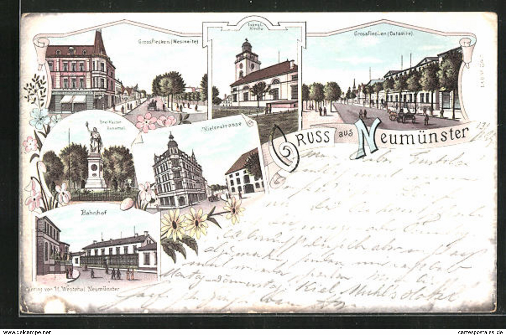 Lithographie Neumünster, Banhof, Drei Kaiser-Denkmal Und Kielerstrasse - Neumuenster