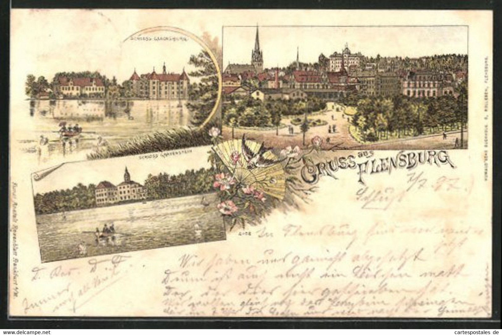 Lithographie Flensburg, Schloss Gravenstein, Schloss Glücksburg - Glücksburg
