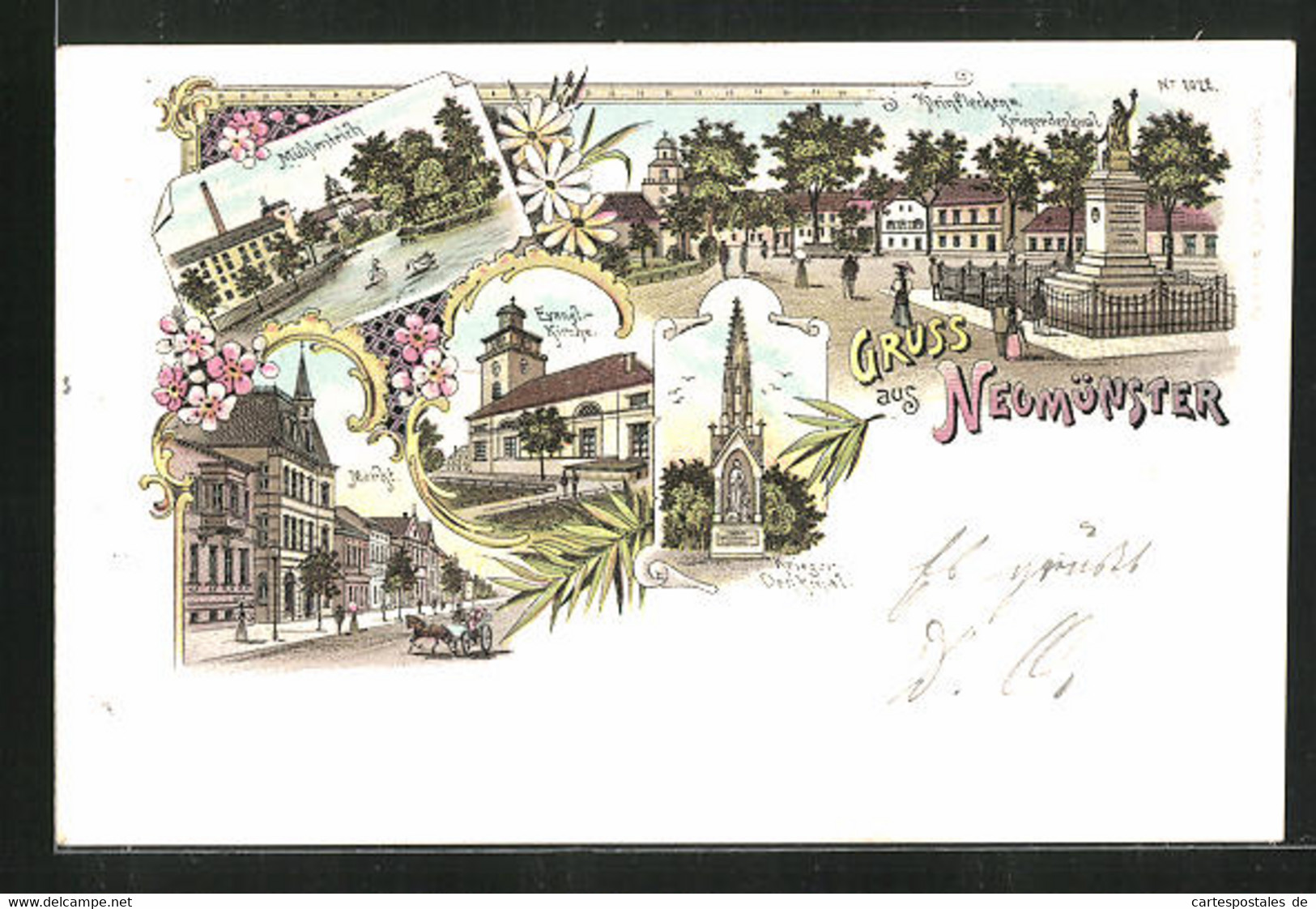 Lithographie Neumünster, Strassenpartie Kleinflecken Mit Kriegerdenkmal, Mühlenteich - Neumünster