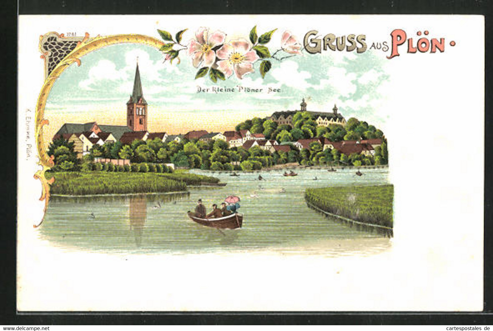 Lithographie Plön, Blick über Den Kleinen Plöner See Zur Kirche - Ploen