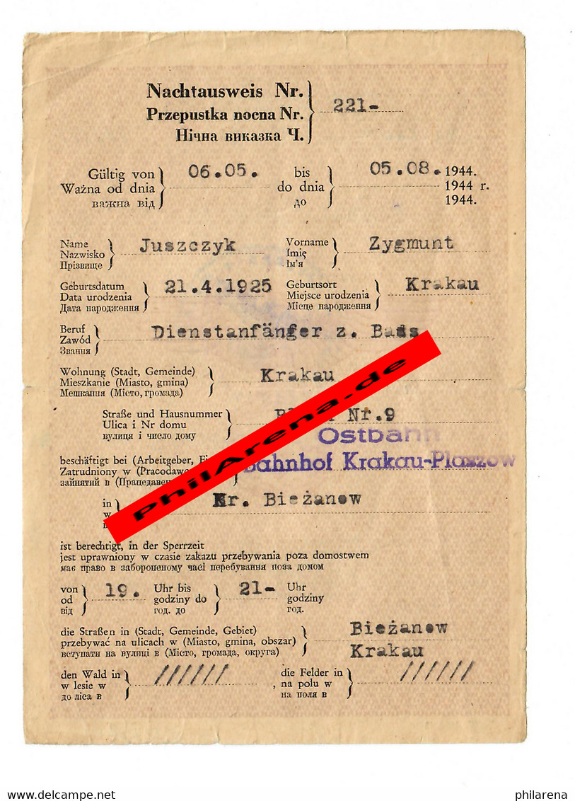 GG: Nachtausweis Für Dienstanfänger: Ostbahn Krakau-Plaszow, Biezanow 1944 - Historical Documents