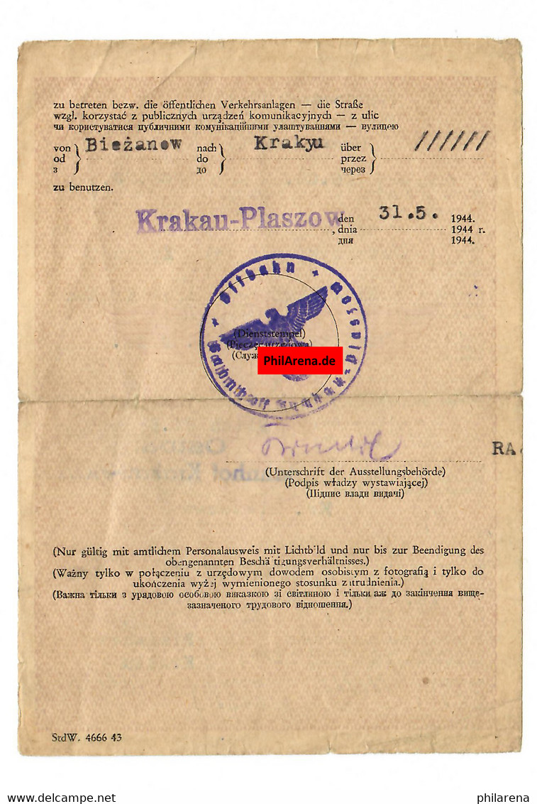 GG: Nachtausweis Für Dienstanfänger: Ostbahn Krakau-Plaszow, Biezanow 1944 - Historical Documents