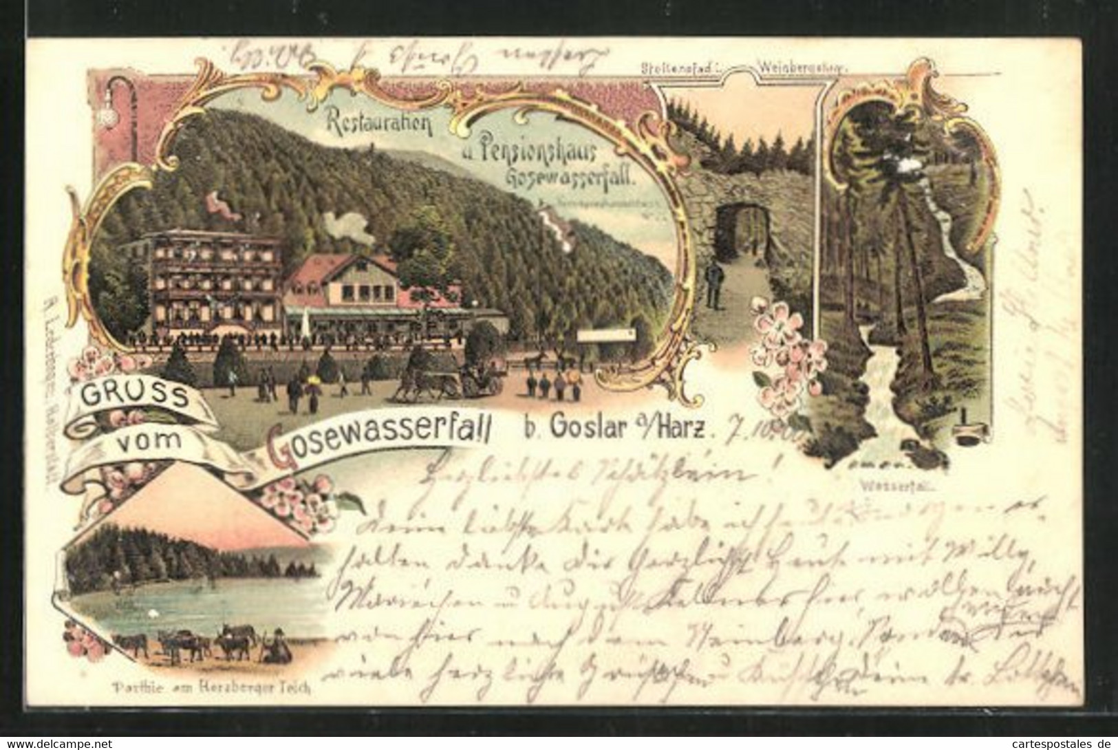 Lithographie Goslar, Restaurant Und Pensionshaus Gosewasserfall, Partie Am Herzberger Teich - Herzberg
