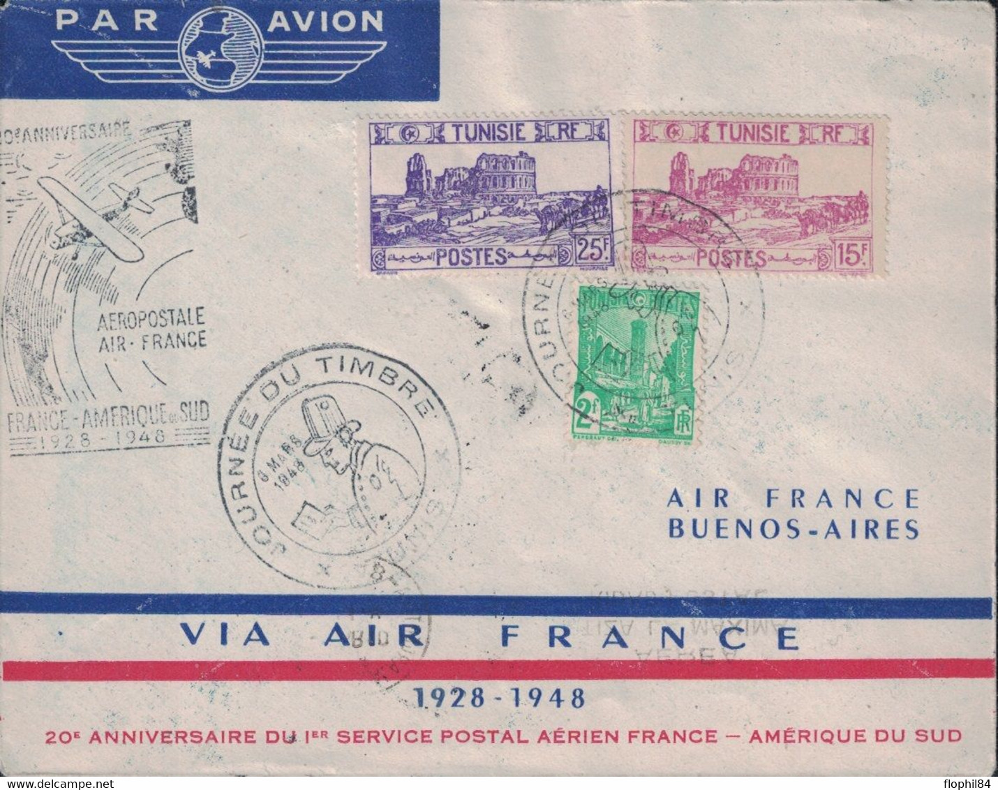 TUNISIE - TUNIS - ENVELOPPE AIR FRANCE - LIAISON FRANCE AMERIQUE DU SUD - 1929 EN 8 JOURS - 1948 EN 30 HEURES - CACHET S - Poste Aérienne