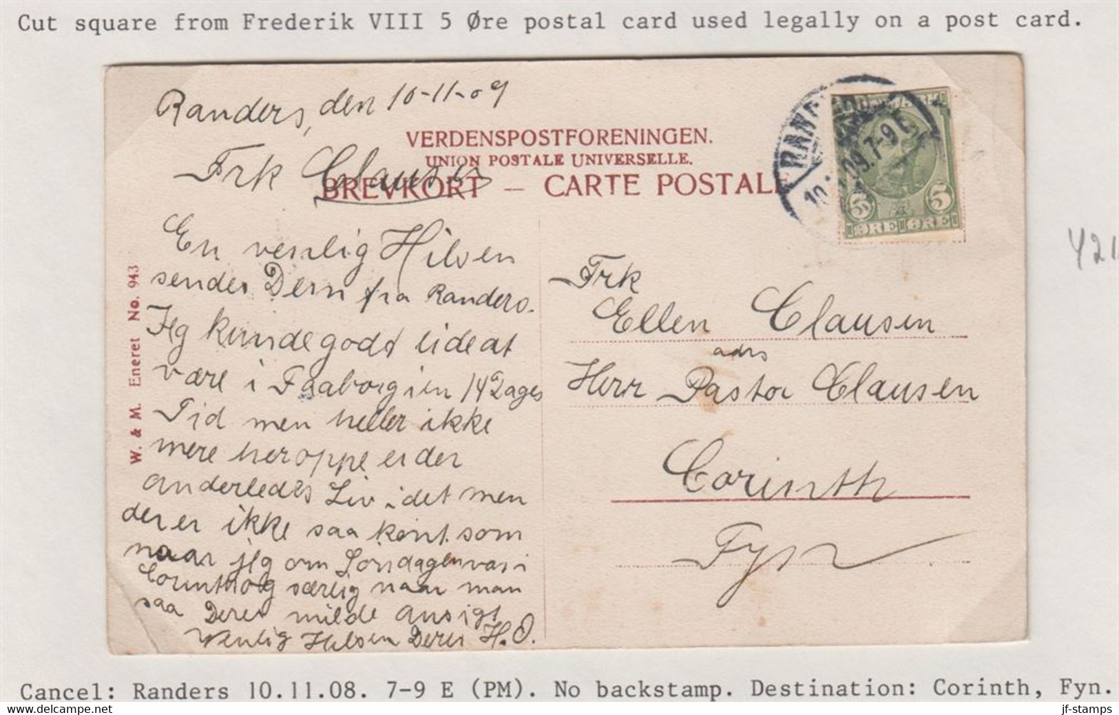1909. DANMARK. BREVKORT 5 ØRE Frederik VIII Cut From BREVKORT Used On Postcard (Rande... () - JF421179 - Covers & Documents