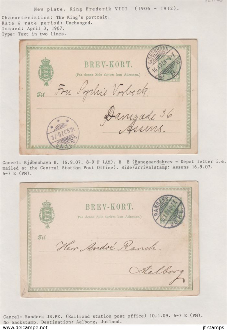 1907. DANMARK. BREVKORT 5 ØRE Frederik VIII 2 Nice Cards Including Rail Road Cancel R... () - JF421180 - Covers & Documents