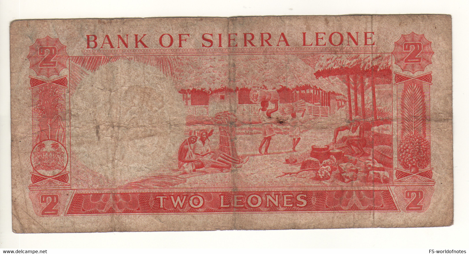 SIERRA  LEONE  2 Leones  P2d  B/34 ....  ( ND  1964-70)  Palace Of Justice + Village Life At Back - Sierra Leone