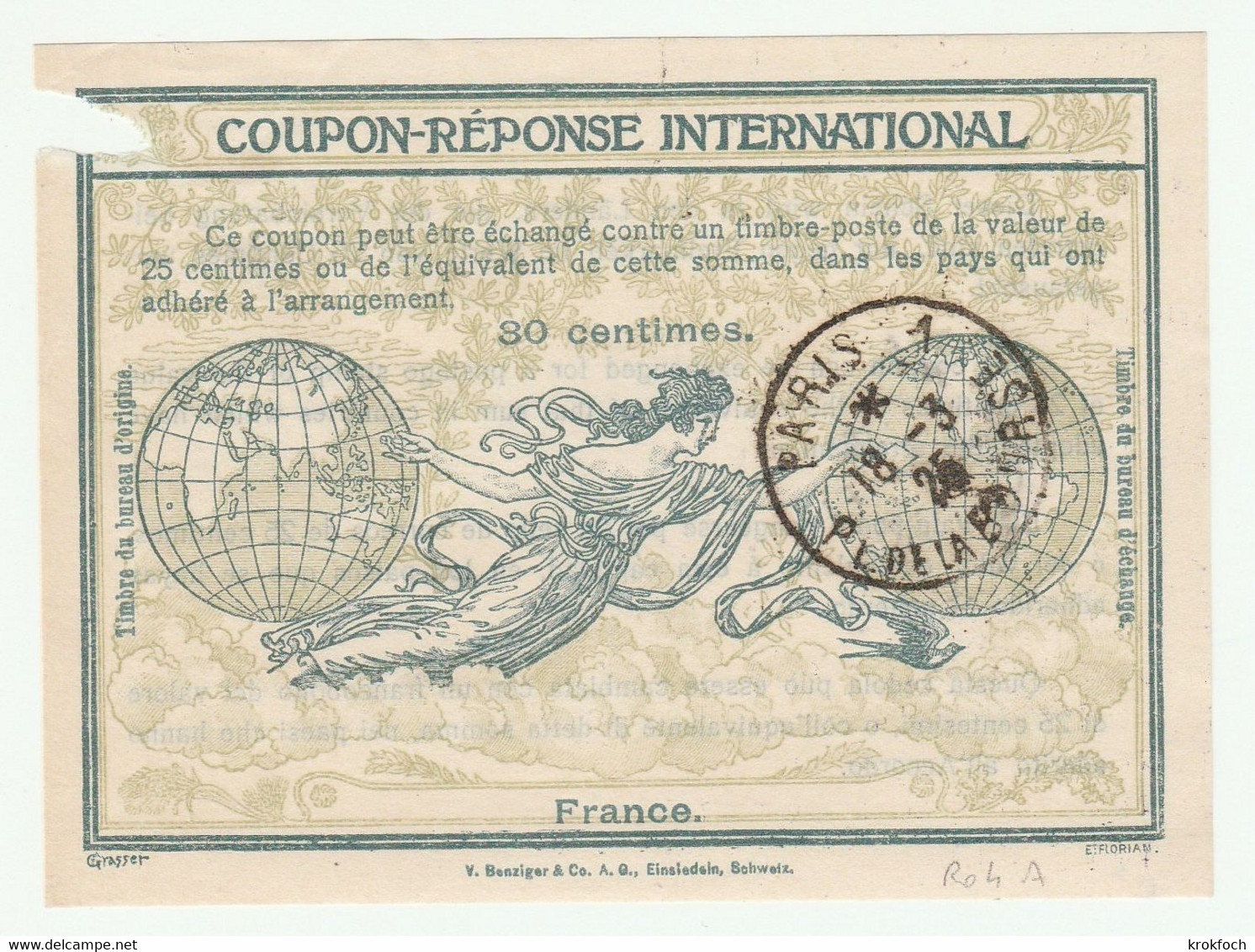 Coupon-réponse France Type Rome 4A - 30 Centimes - !! Déchirure En Haut - Paris 1 Bourse - IRC CRI IAS - Antwoordbons