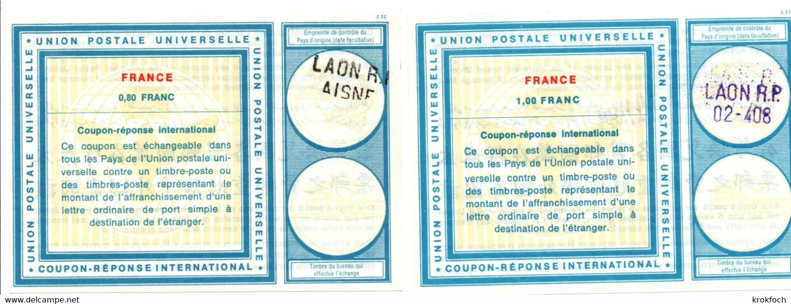 Coupon-réponse France Type Vienne 18 & 19 - 0,80 F & 1 Fr - Griffe Laon - IRC CRI IAS - Antwortscheine