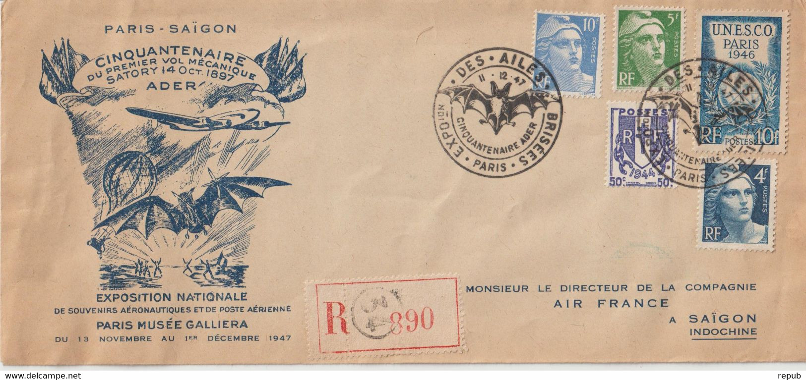 Lettre Recommandée Pour Saigon Exposition Ailes Brisées 1947 Avec Vignettes En Verso - Matasellos Conmemorativos