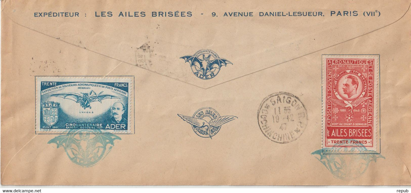 Lettre Recommandée Pour Saigon Exposition Ailes Brisées 1947 Avec Vignettes En Verso - Gedenkstempels