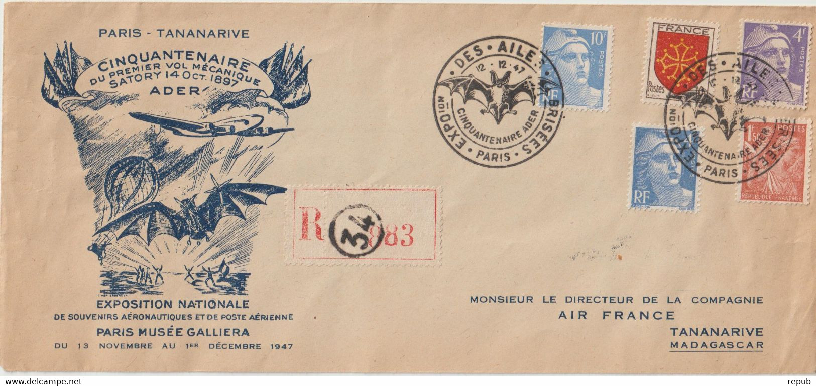 Lettre Recommandée Pour Tananarive Exposition Ailes Brisées 1947 Avec Vignettes En Verso - Gedenkstempel