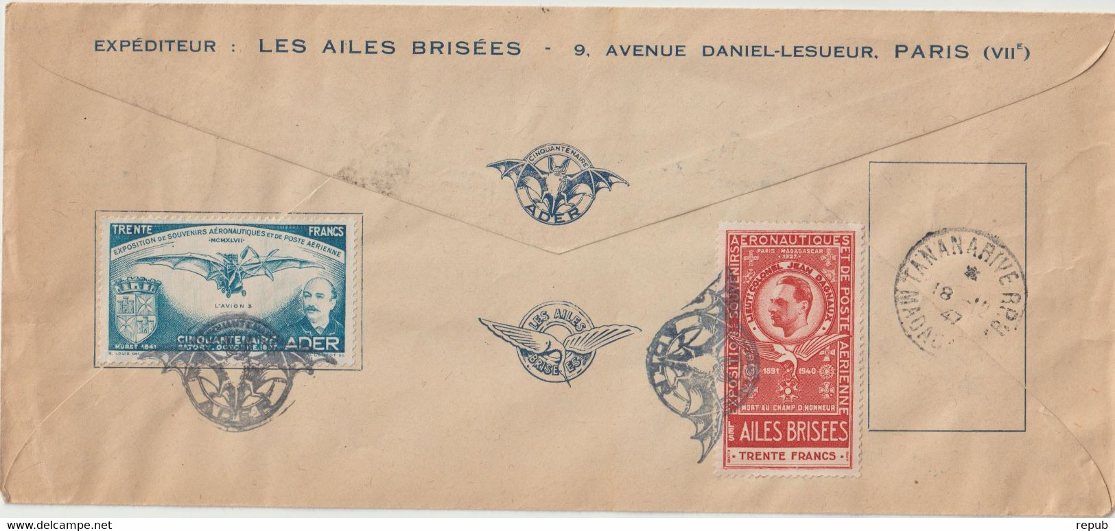 Lettre Recommandée Pour Tananarive Exposition Ailes Brisées 1947 Avec Vignettes En Verso - Gedenkstempel