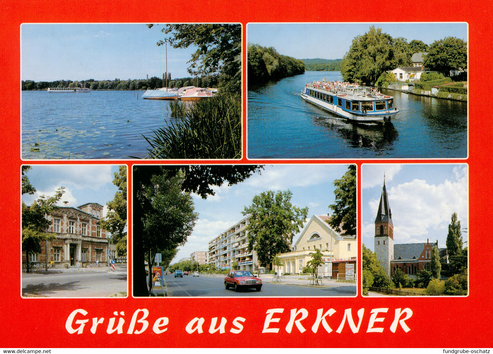 AK Erkner Dämeritzsee Flakenfließ Rathaus Karl Marx Straße Ev. Genezareth Kirche - Erkner