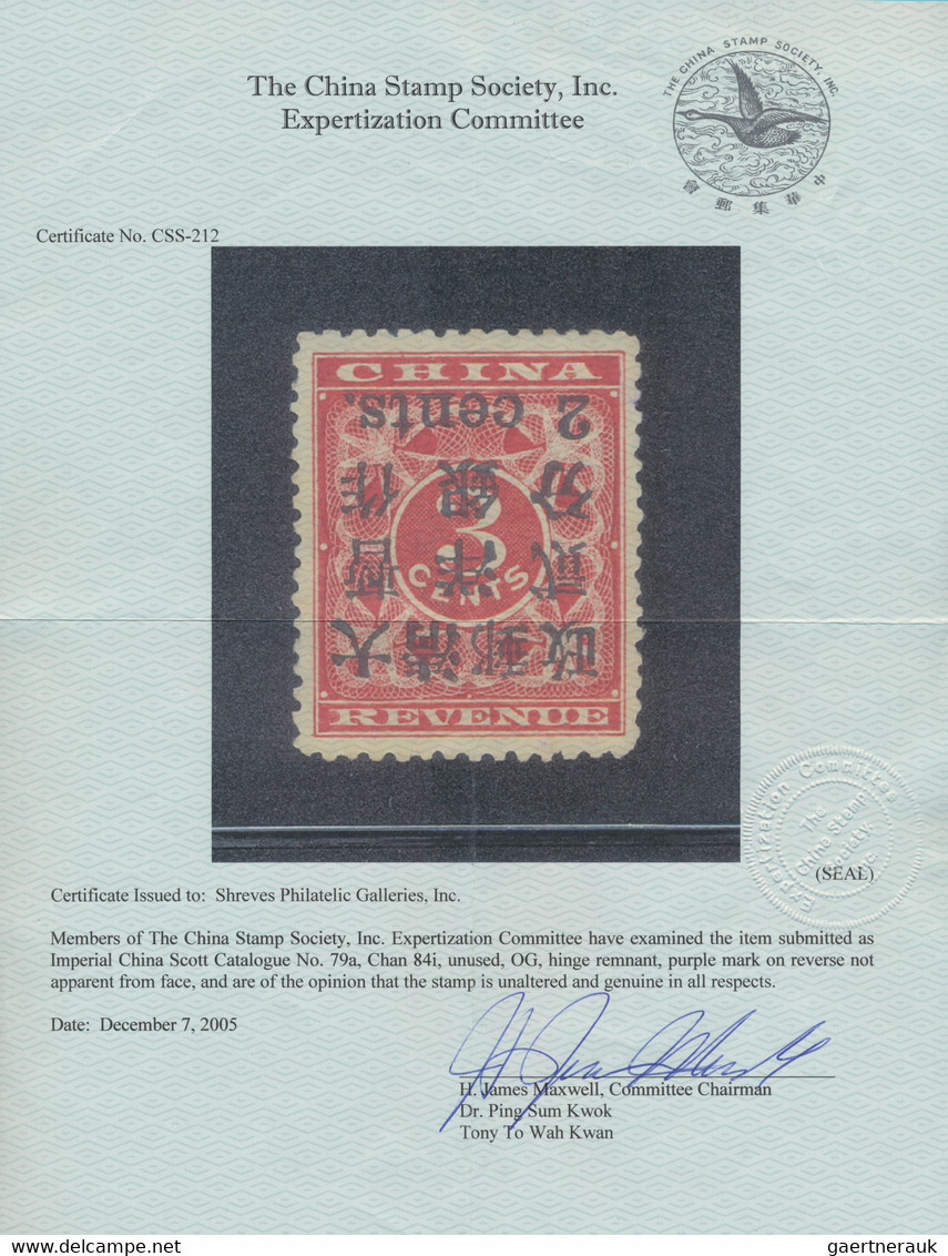 China: 1897 Red Revenue 2c On 3c Small Fig., Pos. 7, Surcharge Inverted, Oxidized, Purple Mark On Re - 1912-1949 Republic