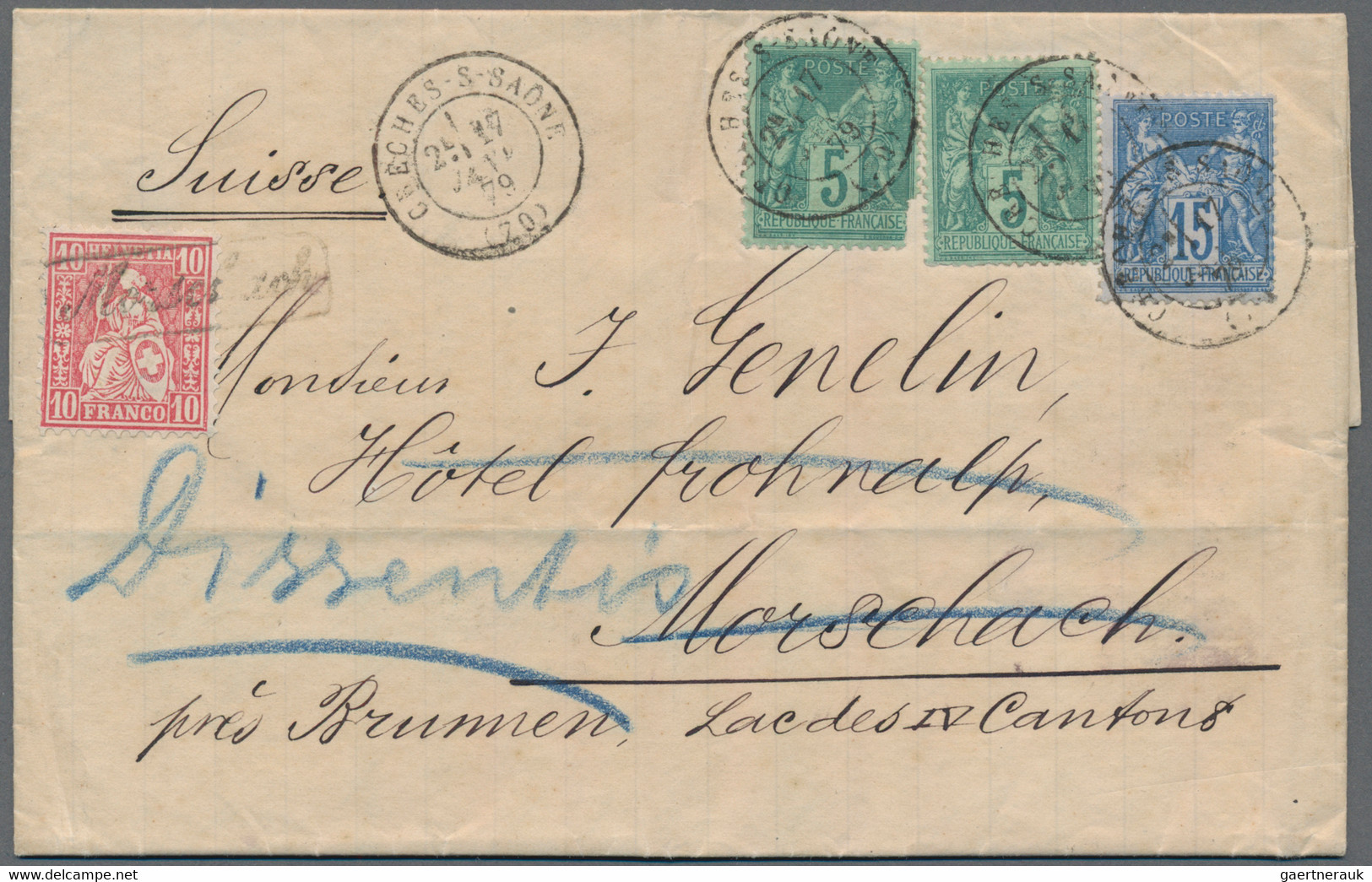 Schweiz: 1867/1879, Frankreich, 2 X 5 C Grün Und 15 C Blau 'Sage' Auf Komplettem Faltbrief Von Crech - Covers & Documents