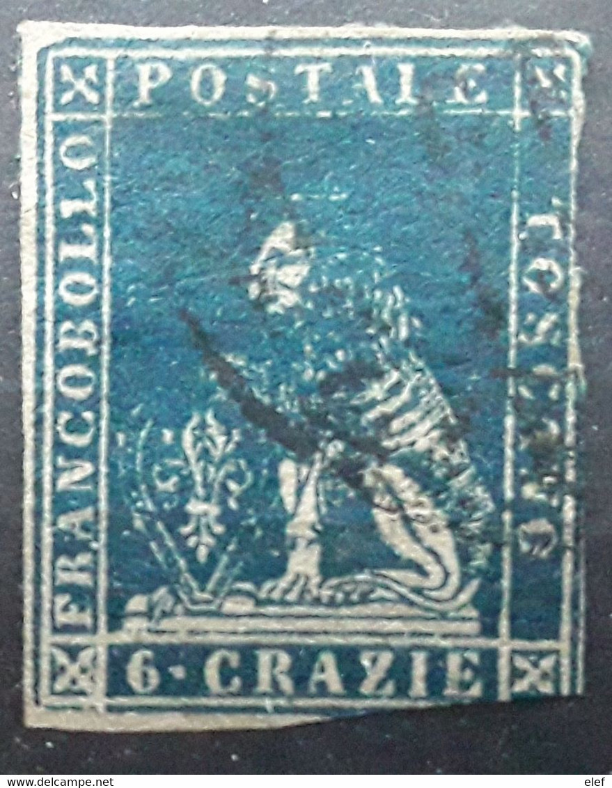 TOSCANA TOSCANE,  Italia 1857  LION , Yvert No 15 , 6 Cr Bleu Obl  B Cote 90 Euros - Toscane