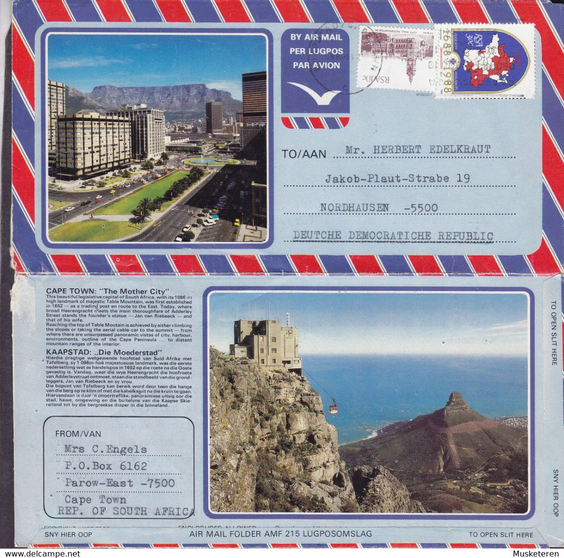 South Africa Air Mail Folder KAAPSTAD Cape Town 1988 Cover Brief NORDHAUSEN DDR Germany Hugenote Stamp - Posta Aerea