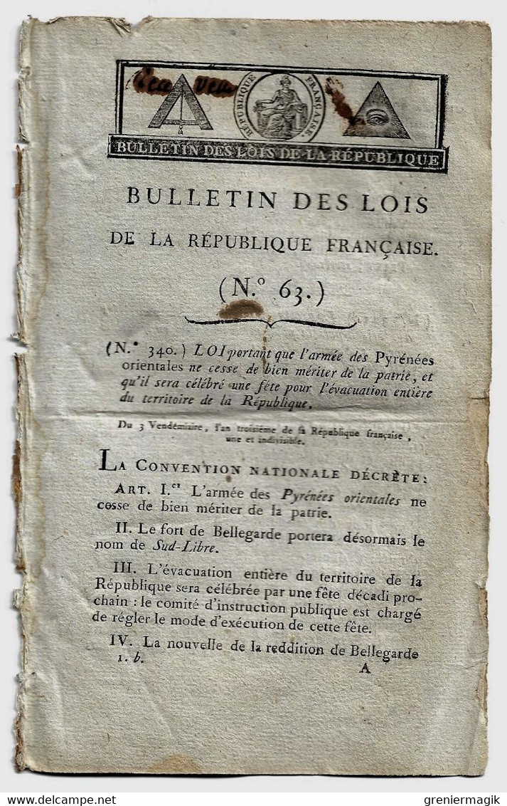 Bulletin Des Lois N°63 Vendémiaire An III 1794 Armée Des Pyrénées Orientales Fort De Bellegarde "Sud Libre"/Paris - Décrets & Lois