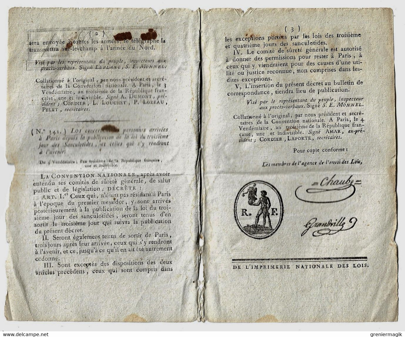 Bulletin Des Lois N°63 Vendémiaire An III 1794 Armée Des Pyrénées Orientales Fort De Bellegarde "Sud Libre"/Paris - Gesetze & Erlasse
