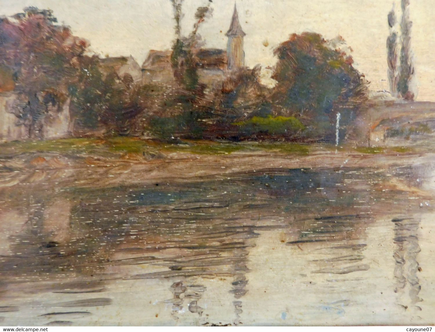 Huile sur panneau "Chanaz village avec pont et église "cadre bois doré daté 1908