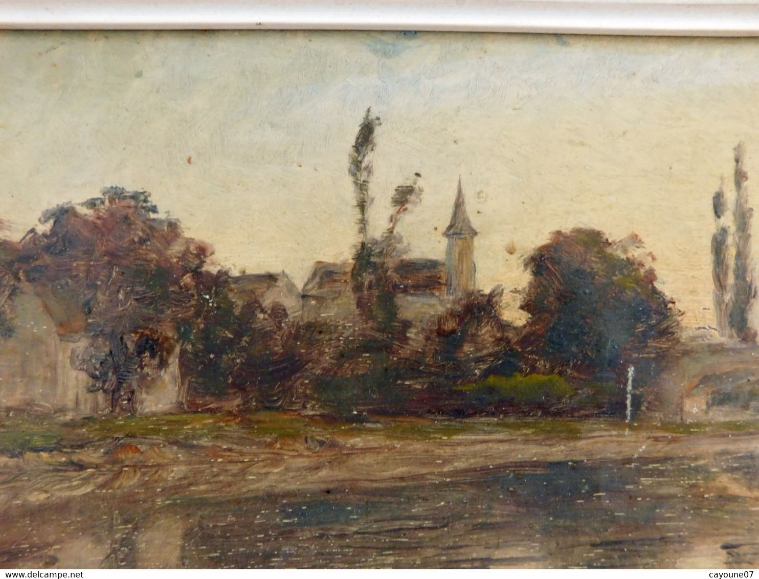 Huile sur panneau "Chanaz village avec pont et église "cadre bois doré daté 1908