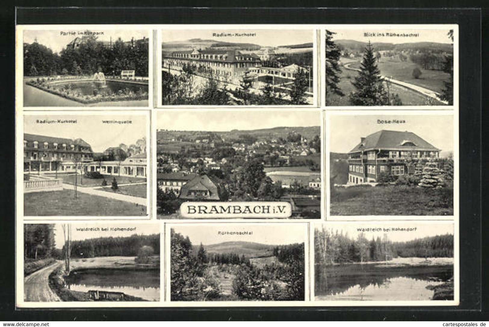 AK Brambach I. V., Kurhotel Wettinquelle, Bose-Haus, Ortspanorama - Bad Brambach