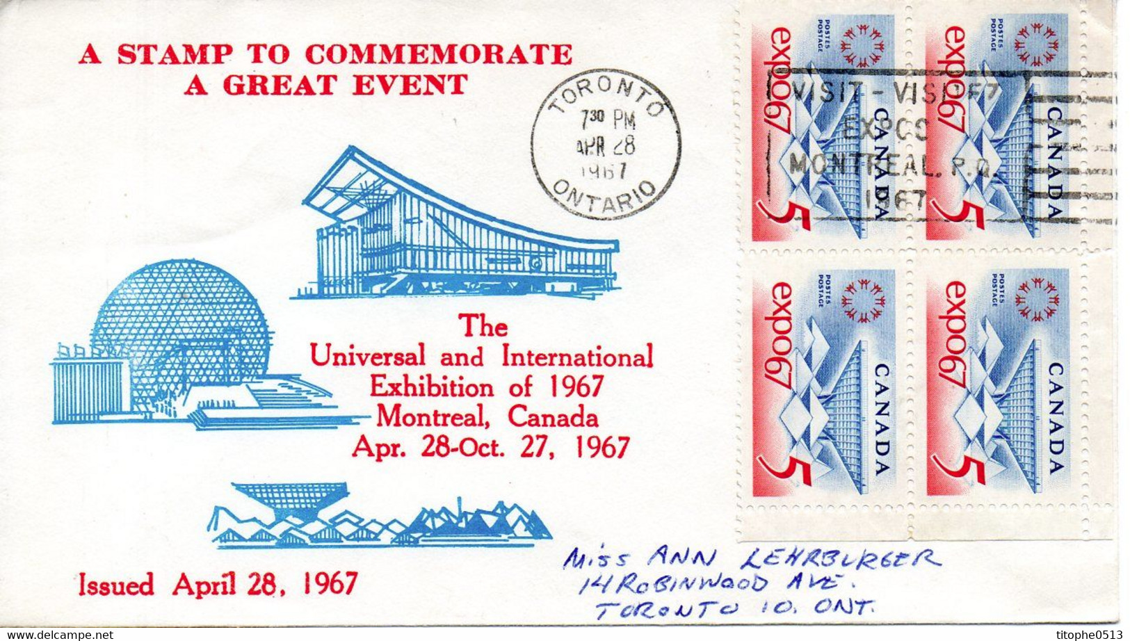 CANADA. N°390 Sur Enveloppe Commémorative De 1967. Expo'67. - 1967 – Montréal (Canada)