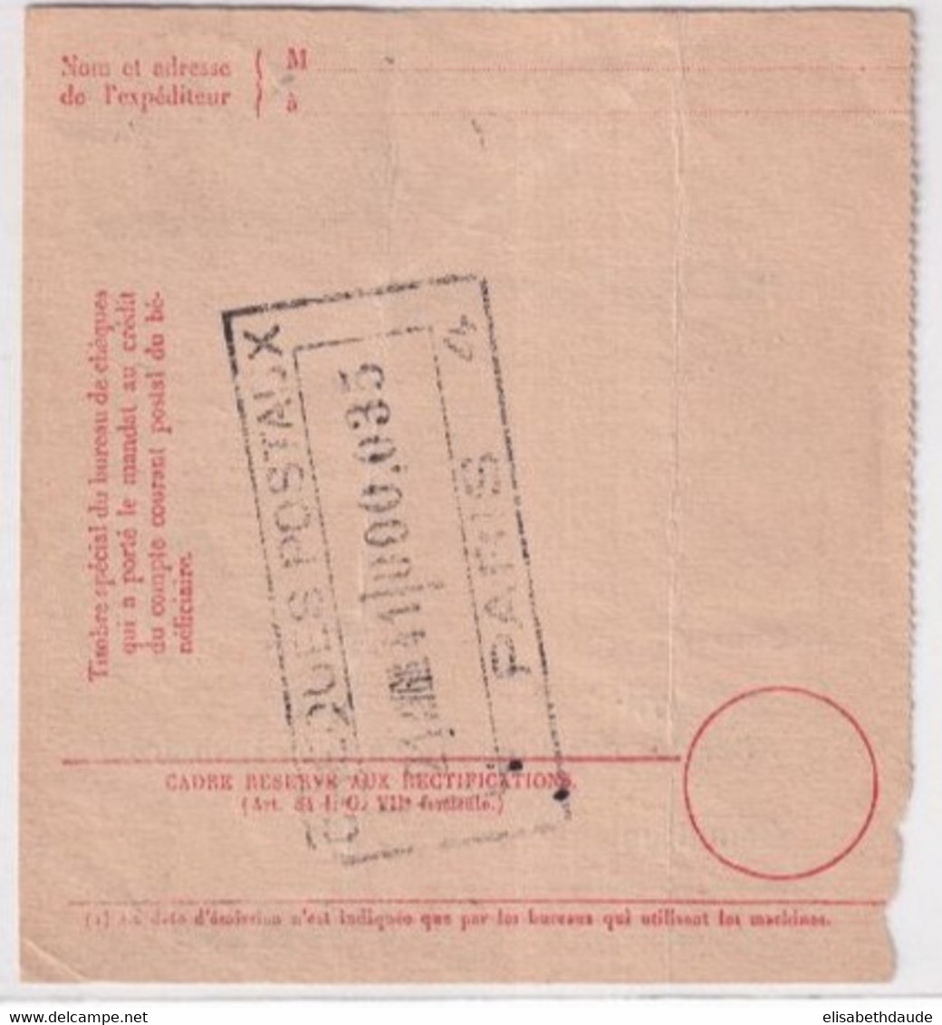 BUREAU DE DISTRIBUTION - INDRE ET LOIRE - 1941 - MANDAT-CARTE De RILLE => PARIS - 1932-39 Peace
