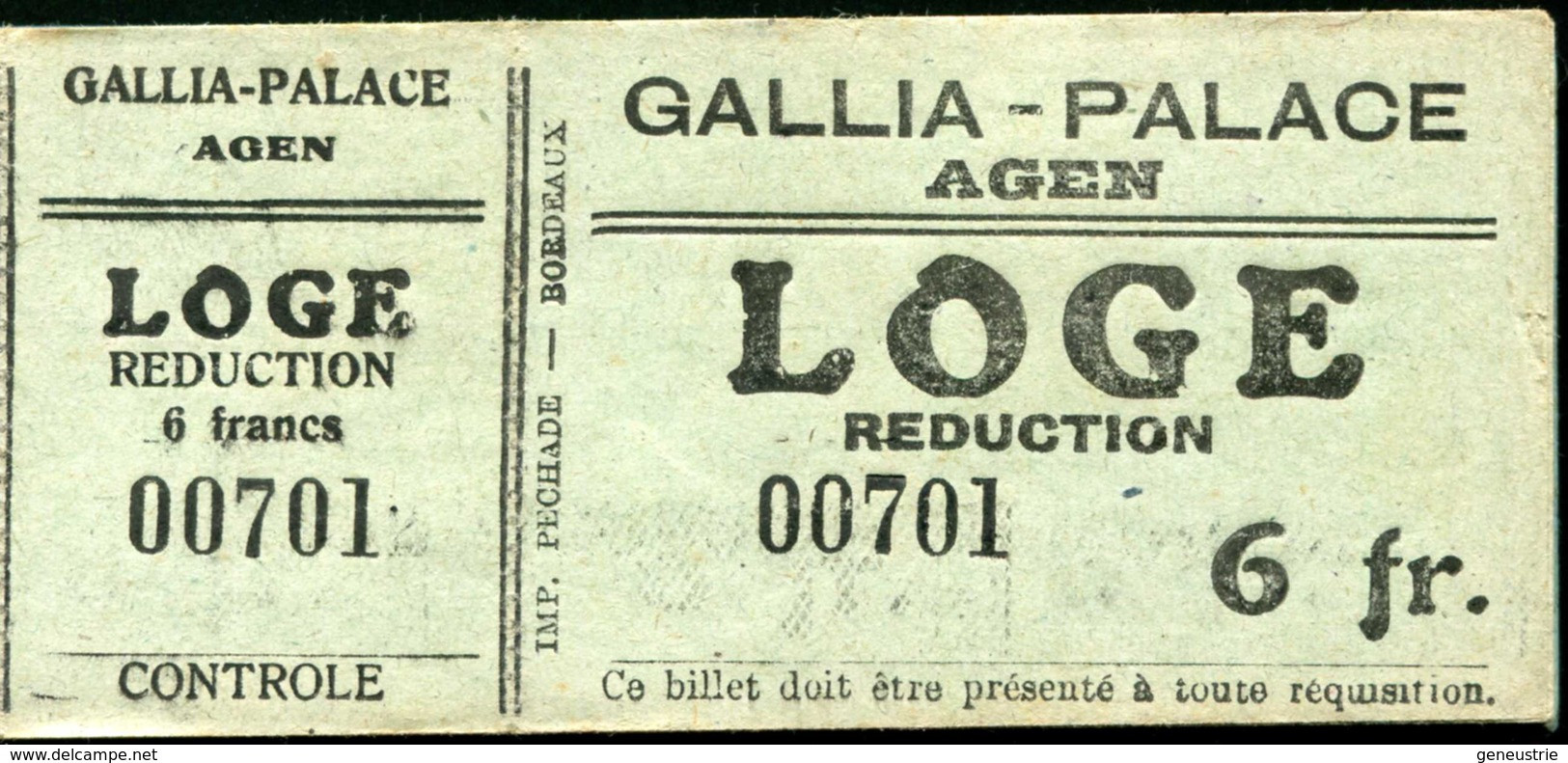 Ticket Billet D'entrée "Cinéma Gallia-Palace à Agen / Loge Réduction 6fr" - Eintrittskarten